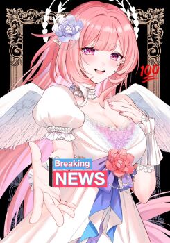 1girl alternate_costume angel_wings annerica black_background breasts cleavage commentary_request cyrene_(honkai:_star_rail) cyrene_(ripples_of_past_reverie)_(honkai:_star_rail) diamond-shaped_pupils diamond_(shape) dress flower hair_flower hair_ornament halo highres honkai:_star_rail honkai_(series) large_breasts long_hair looking_at_viewer open_mouth pink_hair pointy_ears puffy_sleeves purple_eyes reaching reaching_towards_viewer smile solo symbol-shaped_pupils teeth upper_teeth_only very_long_hair white_dress wings