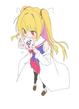 1girl 4uys @_@ armpit_crease black_thighhighs blonde_hair blue_shirt blush_stickers book bow bowtie coat coat_partially_removed commentary_request frilled_skirt frills from_above full_body hair_between_eyes hair_intakes hair_ribbon highres holding holding_book irotoridori_no_sekai lab_coat long_hair miniskirt nikaidou_shinku open_book puff_of_air reading red_bow red_bowtie red_eyes red_ribbon red_skirt ribbon sailor_collar school_uniform shirt sidelocks simple_background skirt sleeveless sleeveless_shirt solo thighhighs two_side_up v-shaped_eyebrows white_background white_coat white_sailor_collar