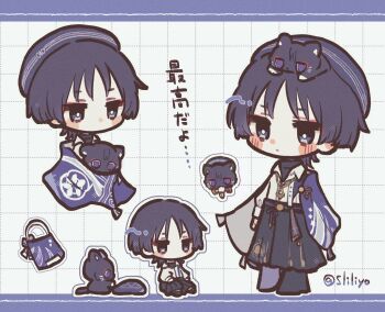 1boy animal animal_on_head animalization arm_at_side bag beret black_cat black_hair black_pants black_shirt blunt_ends blush_stickers border bright_pupils casual cat cat_on_head closed_mouth collared_shirt contemporary eyeliner eyeshadow feathers fringe_trim genshin_impact gold_necklace gold_pendant grid_background hakama hakama_pants handbag hat hoshizuki_chimama japanese_clothes jewelry layered_shirt letterboxed long_sleeves makeup male_focus multiple_views necklace no_headwear no_mouth official_alternate_costume on_head pants person_and_animalization pom_pom_(clothes) purple_bag purple_border purple_eyes purple_hat purple_shawl red_eyeliner red_eyeshadow scaramouche_(cat)_(genshin_impact) scaramouche_(genshin_impact) shawl shirt solo twitter_username undershirt wanderer_(genshin_impact) wanderer_(wanderer_impression)_(genshin_impact) white_background white_pupils white_shirt white_sleeves white_trim wispy_bangs yellow_feathers