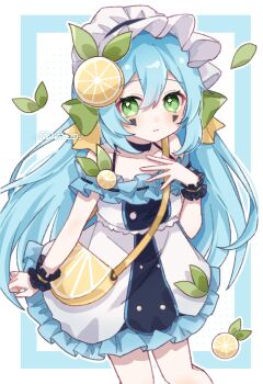 1girl artist_name bare_shoulders black_hairband black_wrist_cuffs blue_border blue_hair border bow bow_hairband closed_mouth commentary double-parted_bangs dress facial_mark feet_out_of_frame food-themed_hair_ornament frilled_dress frilled_wrist_cuffs frills green_bow green_eyes hair_between_eyes hair_bow hair_ornament hairband highres lemon_hair_ornament long_hair looking_at_viewer off-shoulder_dress off_shoulder original outside_border polka_dot polka_dot_background solo standing symbol-only_commentary triangle triangle_facial_mark white_background white_dress wrist_cuffs yukomeow