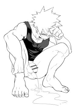 1boy arm_on_knee arm_rest bakugou_katsuki bar_censor bare_arms bare_shoulders blush boku_no_hero_academia bottomless cai_(caiirocai) censored closed_eyes closed_mouth collarbone commentary_request cum embarrassed forehead_blush full_body furrowed_brow greyscale hand_on_own_head head_down highres invisible_floor male_focus monochrome nose_blush pectoral_cleavage pectorals pee peeing penis screentones short_hair simple_background slav_squatting solo spiked_hair squatting sweat tank_top white_background