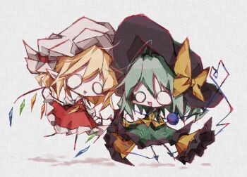 black_fur black_hat blonde_hair chibi collar commentary_request crystal_wings flandre_scarlet green_hair hat komeiji_koishi pointy_ears puffy_sleeves red_ribbon ribbon skirt smile stick_figure third_eye touhou user_dpgf7477 white_eyes wings yellow_ribbon