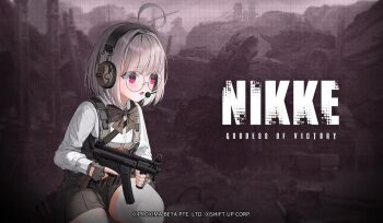 1girl ahoge bow brown_bow brown_skirt glasses goddess_of_victory:_nikke grey_background grey_hair gun holding holding_firearm holding_rifle holding_weapon light_grey_hair microphone official_art open_mouth pink_eyes rifle shift_up shirt short_hair signal_(nikke) sitting skirt squatting thighhighs weapon white_legwear white_shirt white_thighhighs