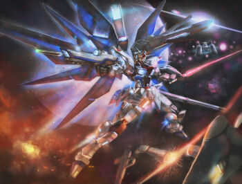 absurdres archangel_(gundam) beam_rifle commentary_request energy_gun energy_sword flying freedom_gundam ginn glowing gun gundam gundam_seed highres holding holding_gun holding_weapon mecha mecha_focus mechanical_wings mobile_suit no_humans robot sail_678 science_fiction shield solo space sword v-fin weapon wings yellow_eyes
