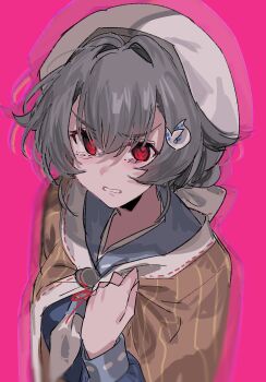 1girl aogisa bandana black_hair blue_sailor_collar blue_shirt braid brown_shawl commentary_request hair_flaps hair_ornament highres jingei_(kancolle) kantai_collection low_ponytail neckerchief pink_background ponytail red_eyes sailor_collar shawl shirt single_braid solo upper_body v-shaped_eyebrows whale_hair_ornament white_bandana white_neckerchief