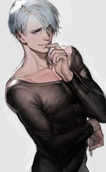 Rule 34 | 1boy, biceps, blue eyes, commentary request, finger to mouth, grey hair, highres, leotard, liduke, long sleeves, looking at viewer, male focus, pectorals, see-through clothes, simple background, smile, toned, toned male, viktor nikiforov, white background, yuri!!! on ice