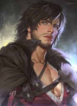 1boy beard black_cloak black_hair blue_eyes clive_rosfield cloak collarbone commentary english_commentary facial_hair facial_scar final_fantasy final_fantasy_xvi hair_between_eyes highres male_focus parted_lips pectorals portrait red_vest scar scar_on_cheek scar_on_face short_hair signature simple_background solo upper_body vest z31ly4n