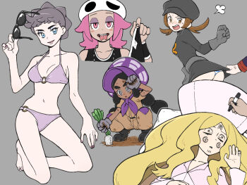 1boy 1other 5girls alternate_costume anger_vein ass bad_id bad_pixiv_id barefoot bikini black-framed_eyewear black_hair blonde_hair blue_eyes blush bonnet boots breasts bright_pupils brown_eyes brown_hair caitlin_(pokemon) cleavage clenched_hand closed_eyes collarbone dark-skinned_female dark_skin diantha_(pokemon) dirty dirty_clothes drawing_on_another's_face eyelashes eyeshadow gloves grey_background grey_eyes grey_gloves hand_up hapu_(pokemon) hat highres holding holding_pen holding_removed_eyewear jewelry jumpsuit kneeling long_hair long_sleeves looking_at_viewer looking_back lyra_(pokemon) makeup multi-tied_hair multiple_girls nail_polish navel necklace nintendo nutkingcall open_mouth panties pen pokemon pokemon_bw pokemon_hgss pokemon_sm pokemon_xy purple_bikini purple_nails short_hair short_sleeves silver_(pokemon) simple_background skirt skirt_tug sleeveless smile squatting striped_clothes striped_panties sunglasses sweat swimsuit team_rocket team_rocket_uniform team_skull_grunt teeth toes tongue tongue_out twintails underwear unworn_eyewear v-shaped_eyebrows white_headwear wristband