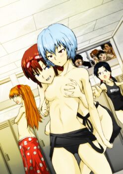 4boys 4girls age_difference aida_kensuke ayanami_rei bad_anatomy bad_hands bad_proportions black_hair blood blue_eyes blue_hair blush breasts brown_hair clothes_pull deep_skin father_and_son female_pervert freckles gendou_pose glasses grabbing_another&#039;s_breast groping hands_clasped highres horaki_hikari ikari_gendou ikari_shinji locker locker_room machsum makinami_mari_illustrious medium_breasts multiple_boys multiple_girls neon_genesis_evangelion nipples nosebleed one-piece_swimsuit one-piece_swimsuit_pull own_hands_clasped own_hands_together peeking pervert poking_another&#039;s_breast rebuild_of_evangelion red_eyes red_hair school_swimsuit souryuu_asuka_langley surprised suzuhara_touji swimsuit topless_female towel undressing yuri