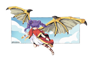 1girl blue_sky dragon_girl dragon_wings dragonstone dress fire_emblem fire_emblem:_the_sacred_stones flying frills full_body lace long_hair looking_at_viewer multi-tied_hair myrrh_(fire_emblem) nintendo own_hands_together purple_hair red_eyes sandals shuuda sky solo transparent_background twintails twitter_username wings wristband