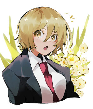 Rule 34 | 1girl, :o, black coat, blonde hair, breasts, coat, collared shirt, don quixote (project moon), flower, highres, limbus company, looking at viewer, nakame77, necktie, open mouth, project moon, red necktie, shirt, short hair, simple background, solo, upper body, white background, white shirt, yellow eyes, yellow flower