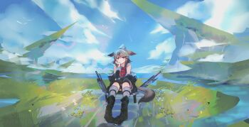1girl absurdres animal_ears arknights bare_shoulders black_boots blue_sky boots brown_hair commentary cutter_(arknights) dated_commentary fox_ears fox_girl fox_tail full_body grass grey_socks hair_ornament hairclip hand_on_own_face hand_up head_rest highres jewelry knee_pads kneehighs looking_at_viewer medium_hair necklace outdoors red_eyes red_shirt shirt sitting sky sleeveless sleeveless_shirt socks solo spindrift sword tail thigh_strap topknot weapon