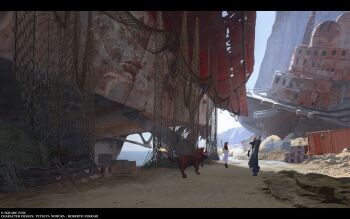 1girl 2boys absurdres aerith_gainsborough animal armor baggy_pants black_border blonde_hair boots border brown_hair buster_sword cargo_pallet cliff cloud_strife concept_art cropped_jacket dress final_fantasy final_fantasy_vii final_fantasy_vii_rebirth final_fantasy_vii_remake fire flame-tipped_tail full_body hair_ribbon highres holding holding_staff jacket junon letterboxed long_dress long_hair looking_at_another multiple_boys net ocean official_art orange_fur pants pauldrons pink_dress pink_ribbon red_jacket red_xiii ribbon ship shipping_container shipyard shoulder_armor single_pauldron square_enix staff tail walking watercraft weapon weapon_on_back