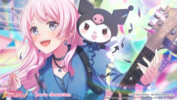1girl bang_dream! bang_dream!_it&#039;s_mygo!!!!! black_choker blue_jacket blurry blurry_background blush chihaya_anon chinese_commentary choker commentary_request confetti electric_guitar esp_guitars fang grey_eyes guitar guitar_strap highres holding holding_plectrum instrument jacket jewelry kuromi long_hair necklace official_art onegai_my_melody open_mouth pink_hair plectrum sanrio teeth upper_teeth_only