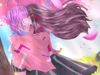 Rule 34 | 2girls, absurdres, ahoge, bgcl mbjr ill, black hair, cherry blossoms, commentary request, date akari, falling petals, heaven burns red, highres, kiss, long hair, multiple girls, nikaidou misato, petals, pink eyes, yuri