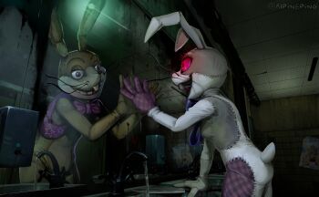 1boy 1girl :d absurdres alpineping animal_costume animal_ears artist_name bathroom blue_bow blue_bowtie bow bowtie buck_teeth ceiling commentary counter different_reflection english_commentary eyelashes fake_animal_ears fake_tail faucet five_nights_at_freddy's five_nights_at_freddy's:_security_breach glamrock_freddy glitchtrap hand_up hands_up highres holding holding_knife indoors knife mirror open_mouth patchwork_clothes poster_(object) purple_bow purple_bowtie purple_eyes rabbit_costume rabbit_ears rabbit_tail red_eyes reflection sink smile soap_dispenser standing tail teeth tile_ceiling tile_wall tiles twitter_username upper_teeth_only vanny_(fnaf) water