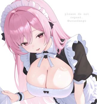 1girl absurdres apron black_dress blush bow breasts cleavage cleavage_cutout clothing_cutout commentary_request commission dress hair_bow hair_ornament highres large_breasts long_hair maid maid_apron maid_headdress namedango_(uouodango) open_mouth original pink_eyes pink_hair short_sleeves simple_background skeb_commission smile solo twitter_username upper_body white_apron white_background wrist_cuffs