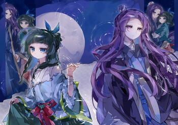 1boy 1girl bandaged_wrist bandages beads blue_eyes blue_ribbon blunt_ends chinese_clothes chinese_hairpin closed_mouth green_hair hair_beads hair_ornament hair_ribbon half_updo highres jinshi_(kusuriya_no_hitorigoto) kamikiasu kusuriya_no_hitorigoto maomao_(kusuriya_no_hitorigoto) parted_bangs pink_eyes purple_hair ribbon ripples