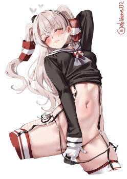 1girl amatsukaze_(kancolle) arm_behind_head arm_up black_choker black_dress black_panties blush breasts choker closed_eyes closed_mouth clothes_lift commentary_request cropped_legs dress dress_lift ebifurya female_masturbation gloves grey_hair grey_neckerchief hair_tubes highres kantai_collection lifebuoy_ornament long_hair loose_panties masturbation navel neckerchief one-hour_drawing_challenge panties red_thighhighs sailor_collar sailor_dress short_dress side-tie_panties simple_background skindentation small_breasts smokestack_hair_ornament solo stomach striped_clothes striped_thighhighs thick_thighs thighhighs thighs two_side_up underwear white_background white_gloves white_sailor_collar