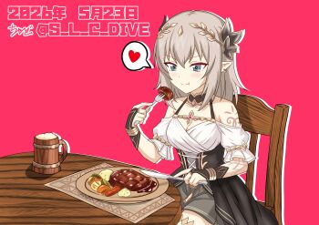1girl absurdres alcohol arm_tattoo bare_shoulders beer beer_mug blue_eyes chair choker commentary_request cup dated dress earrings eating food fork girls_und_panzer grey_hair hair_ornament heart highres holding holding_fork holding_knife itsumi_erika jewelry knife long_hair mug pointy_ears princess_connect! s_l_c_dive short_sleeves simple_background single_earring sitting smile solo table tattoo twitter_username vambraces white_dress