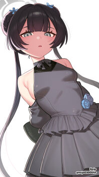 1girl 9nojo arms_behind_back artist_name black_dress black_hair blue_archive blue_flower blue_ribbon blue_rose breasts commentary cowboy_shot detached_sleeves double_bun dress dutch_angle english_commentary flower frilled_dress frills grey_eyes hair_bun hair_ribbon halo highres kisaki_(blue_archive) kisaki_(dress)_(blue_archive) looking_at_viewer neck_ribbon parted_lips ribbon rose short_sleeves sideboob simple_background sleeveless sleeveless_dress small_breasts solo twintails white_background