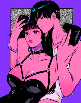 1boy 1girl absurdres arms_up artist_name black_hair blunt_bangs chain collar colored_skin cuffs ear_piercing earrings eyeshadow gloves handcuffs harness hetero highres jewelry latex lips long_hair makeup original piercing pink_skin purple_eyes shirt static stephanie_priscilla undershirt upper_body white_shirt