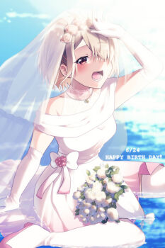 Rule 34 | 1girl, :d, absurdres, alternate costume, arm up, blonde hair, blush, boots, bouquet, bridal veil, bride, commentary request, dress, elbow gloves, flower, full body, gloves, hair ornament, hair over one eye, hairclip, happy birthday, heaven burns red, highres, kayamori ruka, lower teeth only, off-shoulder dress, off shoulder, one eye covered, open mouth, puyopiku, red eyes, short hair, sitting, sleeveless, sleeveless dress, smile, solo, teeth, thigh boots, veil, wariza, water, wedding dress, white boots, white dress, white gloves