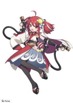 1girl :d absurdres ahoge black_gloves black_pantyhose black_sandals blue_skirt brown_eyes commentary detached_sleeves elbow_gloves full_body gloves hairband highres holding holding_hose hose japanese_clothes kimono long_sleeves looking_at_viewer okobo open_mouth original pantyhose platform_sandals pleated_skirt red_hair sandals short_hair sidelocks simple_background single_detached_sleeve skirt sleeveless sleeveless_kimono smile solo symbol-only_commentary tabi tekka_maki_(wafuu-bune) twintails twitter_username white_background white_hairband white_kimono white_sleeves wide_sleeves