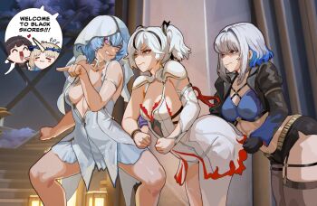 -w- 1boy 4girls :3 abs angry armlet asymmetrical_armwear asymmetrical_legwear bare_shoulders black_eyes black_hair black_jacket black_shorts blonde_hair blue_bra blue_hair blue_veil bra breasts brown_hair camellya_(wuthering_waves) chibi clenched_teeth closed_eyes closed_mouth collar collarbone commentary cropped_jacket dress english_commentary english_text fleurdelys_(wuthering_waves) flying_sweatdrops galbrena_(wuthering_waves) garter_straps gloves grey_hair heart highres hood horns jacket jealous jewelry kinohara_kossuta large_breasts male_rover_(wuthering_waves) meme multicolored_hair multiple_girls muscular muscular_female out_of_character partially_shaded_face pointing pointing_at_another pointing_forward pointy_ears purple_eyes rover_(wuthering_waves) scene_reference shorekeeper_(wuthering_waves) short_hair shorts single_horn sleeveless sleeveless_dress squatting stairs teeth thighhighs tom_and_jerry toned toned_female two-tone_hair two-tone_veil underwear veil white_collar white_dress white_hair white_veil wuthering_waves