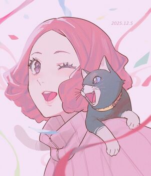 Rule 34 | 1girl, animal, animal on shoulder, blush, brown eyes, brown hair, cat, commentary request, confetti, dated, eyelashes, fangs, fluffy hair, highres, morgana (cat) (persona 5), morgana (persona 5), okumura haru, one eye closed, open mouth, parted bangs, persona, persona 5, pink background, pink sweater, ribbed sweater, sageo yn, short hair, sweater, teeth, upper body, upper teeth only