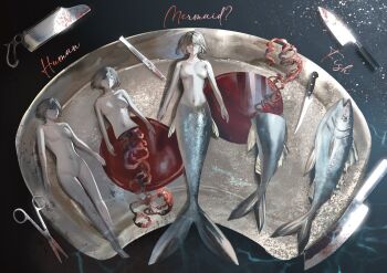 3girls bisected blonde_hair blood blood_on_scissors bloody_knife breasts commentary completely_nude corpse dead_animal death empty_eyes english_commentary english_text entrails fish green_eyes highres horror_(theme) intestines knife looking_at_viewer looking_to_the_side lying mei_mezu merfolk merfolk_out_of_environment mermaid mini_person minigirl monster_girl multiple_girls multiple_persona no_nipples nude on_back organs original parted_lips pool_of_blood scissors severed_torso short_hair tray