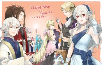 2019 arm_up azura_(fire_emblem) blonde_hair blue_hair bow brother_and_sister brothers brown_hair circlet female_corrin_(fire_emblem) male_corrin_(fire_emblem) cup dated dress drinking_glass earrings eating elise_(fire_emblem) felicia_(fire_emblem) fire_emblem fire_emblem_fates fire_emblem_heroes formal_clothes from_side gloves hair_bow hairband happy_new_year holding holding_microphone japanese_clothes jewelry kimono leo_(fire_emblem_fates) lilith_(fire_emblem) long_hair long_sleeves maid maid_headdress microphone multicolored_hair new_year nintendo open_mouth orange_background pink_bow pink_hair pointy_ears purple_hair red_eyes robaco ryoma_(fire_emblem) sakura_(fire_emblem) short_hair siblings simple_background takumi_(fire_emblem) tray twintails twitter_username white_gloves white_hair wide_sleeves wine_glass x_x xander_(fire_emblem)