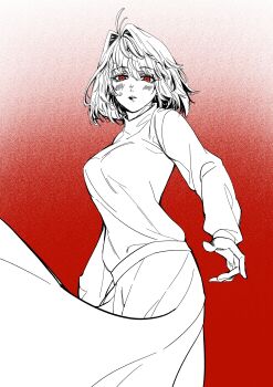 1girl absurdres arcueid_brunestud breasts dress highres jw2000221 large_breasts long_dress looking_at_viewer melty_blood red_eyes short_hair simple_background sweater tsukihime turtleneck turtleneck_sweater white_sweater