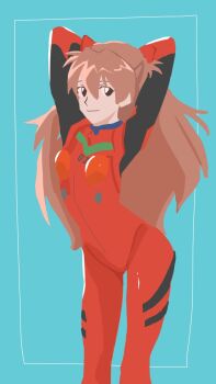 1girl aqua_background arms_behind_head arms_up bad_id bad_twitter_id bodysuit highres interface_headset_(evangelion) long_hair looking_at_viewer mecha_pilot_suit neon_genesis_evangelion plugsuit_(evangelion) red_bodysuit red_hair simple_background solo souryuu_asuka_langley standing swirl9017