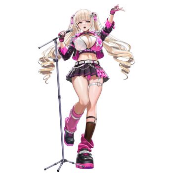 1girl abs arm_belt arm_up belt black_collar black_jacket black_shoes black_skirt blonde_hair blunt_bangs blunt_sidelocks bra breasts chain cleavage collar covered_erect_nipples drill_hair earrings fingerless_gloves fishnet_socks fishnets flower frilled_collar frills full_body gem gloves grey_eyes hair_flower hair_ornament hair_ribbon heart heart_o-ring highres holding holding_microphone jacket jewelry knees_together_feet_apart large_breasts last_origin leg_belt leg_warmers linea_alba looking_at_viewer maria_rioboros microphone microphone_stand microskirt multicolored_jacket multicolored_shoes music nail_polish navel non-web_source o-ring o-ring_collar o-ring_thigh_strap official_alternate_costume official_art open_clothes open_jacket open_mouth panties pantyshot partially_visible_vulva pink_belt pink_bra pink_frills pink_gem pink_gloves pink_jacket pink_leg_warmers pink_nails pink_panties pink_ribbon pink_shoes pink_skirt pleated_skirt ribbon shoes sidelocks simple_background singing skindentation skirt socks solo standing standing_on_one_leg string_bra tachi-e taesi teeth thick_thighs thigh_strap thighs tongue transparent_background twintails two-tone_bra two-tone_jacket two-tone_shoes two-tone_skirt underbust underwear white_belt white_bra