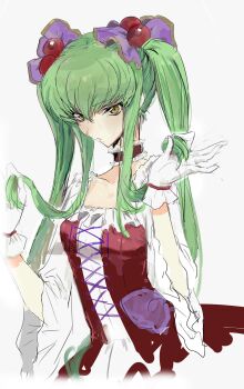 1girl 8de3wn absurdres c.c. choker code_geass dress frilled_choker frills gloves green_hair grey_background highres holding holding_own_hair long_hair long_sidelocks looking_at_viewer sidelocks simple_background solo twintails very_long_hair very_long_sidelocks white_gloves yellow_eyes