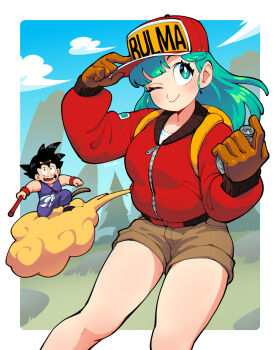 Rule 34 | 1boy, 1girl, baseball cap, blue pants, blue shirt, blush, brown gloves, brown shorts, bulma, character name, dragon ball, dragon ball (classic), flying nimbus, gloves, green eyes, green hair, hat, highres, holding, holding weapon, jacket, long hair, long sleeves, one eye closed, pants, qewie, red hat, red jacket, ruyi jingu bang, shirt, shorts, sleeveless, sleeveless shirt, son goku, spiked hair, tree, weapon, white shirt