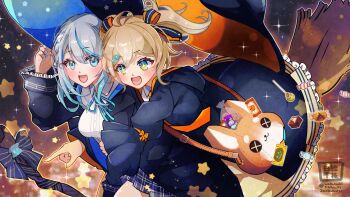 2girls :d ahoge amagai_ruka appare_hinata artist_name blonde_hair blue_bow blue_hair blue_nails blue_ribbon bow braid breasts candy collared_shirt commentary_request dress food grey_hair hair_between_eyes halloween halloween_costume hat highres large_breasts lollipop long_hair long_sleeves looking_at_another men_(amagai_ruka) multicolored_hair multiple_girls nail_polish open_mouth orange_bow ribbon satsuki_(pixiv_742410) shirt smile star-shaped_pupils star_(symbol) symbol-shaped_pupils virtual_youtuber weather_planet witch_hat