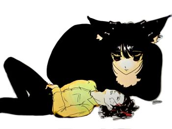 1boy 1girl animal black_hair black_pants cat cat_loaf collared_shirt commentary_request dress_shirt expressionless half-closed_eyes highres human_head knee_up long_sleeves looking_at_another lying on_back original oversized_animal pants parted_lips red_eyes shinazawa_yasude shirt signature simple_background surreal wavy_hair white_background yellow_shirt
