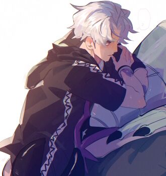 1boy armband carrying carrying_person closed_mouth commentary_request cowboy_shot gen_7_pokemon golisopod guzma_(pokemon) hair_down highres jacket karakurenai4920 male_focus nintendo pokemon pokemon_(creature) pokemon_sm short_hair simple_background solo white_background white_hair