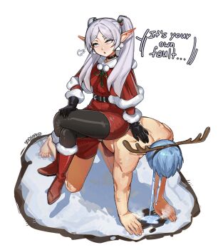 1boy 1girl absurdres all_fours bikini blue_hair capelet christmas crying dress earrings elf femdom frieren fur-trimmed_dress fur-trimmed_headwear fur_trim green_eyes hat highres himmel_(sousou_no_frieren) human_chair human_furniture jewelry long_hair pointy_ears santa_bikini santa_costume santa_hat short_hair sitting sitting_on_person sousou_no_frieren streaming_tears swimsuit tears twintails white_hair yablofap