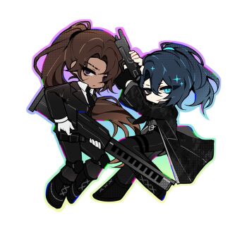 Rule 34 | 2boys, belt, black boots, black coat, black eyes, black gloves, black hair, black jacket, black pants, boots, brown hair, cherry oux, chibi, chibi only, closed mouth, coat, collared shirt, dark-skinned male, dark skin, fingerless gloves, full-stop office (identity) (project moon), full body, gloves, grey shirt, gun, heathcliff (project moon), heterochromia, high ponytail, holding, holding gun, holding weapon, hong lu (project moon), jacket, knee guards, limbus company, long hair, long sleeves, looking at viewer, male focus, multiple boys, pants, ponytail, project moon, purple eyes, scar, scar on face, shirt, smile, sparkle, standing, thigh belt, thigh strap, weapon, white background, white gloves, white shirt