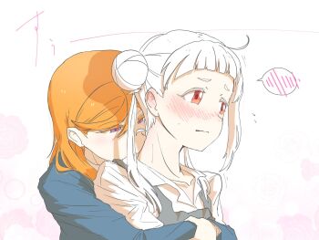 2girls arashi_chisato blue_jacket blush closed_mouth commentary_request dress grey_dress hair_bun highres jacket kiss kissing_neck long_hair love_live! love_live!_superstar!! multiple_girls necosaghi orange_hair pinafore_dress purple_eyes red_eyes shibuya_kanon shirt simple_background sleeveless sleeveless_dress spoken_blush white_background white_hair white_shirt yuri