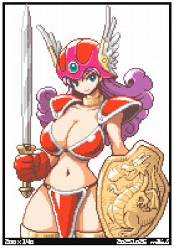 Rule 34 | 1girl, armor, blue eyes, breasts, cleavage, collarbone, commentary request, cowboy shot, dragon, dragon quest, dragon quest iii, gloves, helmet, holding, holding shield, holding sword, holding weapon, large breasts, long hair, looking at viewer, mabius, narrow waist, navel, pixel art, purple hair, red gloves, shield, shoulder armor, simple background, solo, sword, thick thighs, thighs, warrior (dq3), weapon, western dragon, white background, winged helmet