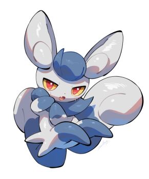 1girl blue_fur blush colored_sclera fang furry furry_female gen_6_pokemon meowstic meowstic_(female) neck_fur nintendo nullma open_mouth pokemon pokemon_(creature) pokemon_focus red_eyes simple_background skin_fang tail two-tone_fur white_background white_fur yellow_sclera