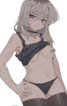 1girl areola_slip bandaid bandaids_on_nipples black_panties black_tank_top black_thighhighs blush breasts clothes_lift commentary ear_piercing girls_band_cry grey_eyes grey_hair hair_between_eyes hand_on_own_hip highres kawaragi_momoka long_hair looking_at_viewer medium_breasts open_mouth panties partially_visible_vulva pasties piercing remote_control_vibrator sex_toy shirt_lift sidelocks simple_background solo stomach symbol-only_commentary tank_top thighhighs tutai underwear vibrator vibrator_in_thighhighs white_background