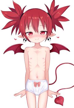 1girl absurdres blush bow demon_tail demon_wings disgaea earrings etna_(disgaea) flat_chest heart highres jewelry loli looking_at_viewer navel nipples panties pepzi pointy_ears red_eyes red_hair red_wings simple_background solo tail twintails underwear underwear_only white_background white_panties wings