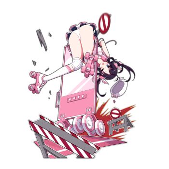 1girl ass benelli_supernova blue_dress blue_eyes blush cheerleader dress embarrassed flower full_body girls&#039;_frontline gun hair_flower hair_ornament hairpin long_hair looking_at_viewer nova_(girls&#039;_frontline) nova_(streaking_meteor)_(girls&#039;_frontline) official_alternate_costume one_eye_closed open_mouth panties pantyshot purple_hair roller_skates shotgun skates socks solo thighs twintails underwear weapon weapon_on_back white_background white_panties white_socks