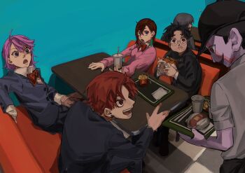3girls 4boys alien antennae ayase_momo baseball_cap black_hair black_jacket blue_background blue_jacket bow bowtie brown_eyes brown_hair burger commentary crossed_bangs cup dandadan disposable_cup drinking_straw earrings eating employee_uniform enjoji_jin facial_mark fast_food fast_food_uniform food french_fries gakuran glasses hair_behind_ear hair_between_eyes hat highres jacket jewelry kami_high_school_uniform kp_oretayao long_sleeves looking_at_another multiple_boys multiple_girls open_mouth pink_hair pink_sweater red_bow red_bowtie red_hair rokuro_serpo round_eyewear sakata_kinta school_uniform shiratori_aira_(dandadan) shirt shirt_under_sweater short_hair sitting sweater table takakura_ken_(dandadan) vamola_(dandadan) white_shirt