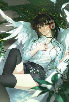 Rule 34 | 1girl, absurdres, angel wings, bathtub, black choker, black nails, black skirt, black thighhighs, blush, bra, brown hair, buttons, choker, commentary, cowboy shot, dappled sunlight, day, falling feathers, feathers, flower, grass, green eyes, headphones, highres, in bathtub, long hair, long sleeves, looking at viewer, lying, naru 0, on back, original, outdoors, parted lips, see-through clothes, shirt, skirt, solo, sunlight, thighhighs, underwear, untranslatable commentary, wet, wet clothes, white bra, white shirt, wings, zettai ryouiki